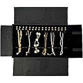 UnionPlus Velvet Travel Jewelry Roll Bag Organizer for Necklace, Elastic Band and Anti-winding, Black