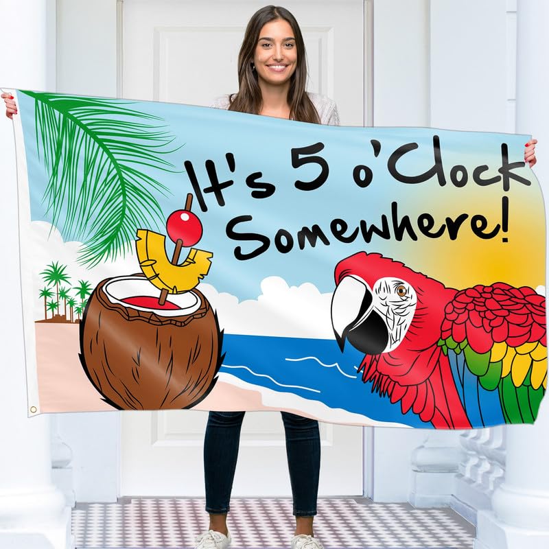 It's 5 O'Clock Somewhere Flag – Funny Flag - Double-sided Print – 90G polyester - Double Seam - 2 brass eyelets, large 5ft x 3ft