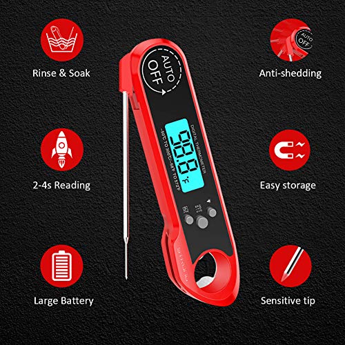 Meat Thermometer,Cuteadoy IP67 Waterproof Fast Folding Digital Instant Read Thermometer BBQ Thermometer with Calibration and Backlit Function Cooking Thermometer for Food,Milk,Grill,Bath (Red)