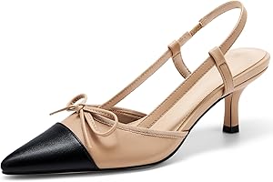 Coutgo Women‘s Bow Tie Slingback Pumps Pointed Toe Kitten Low Heel Patchwork Dress Heeled Sandals