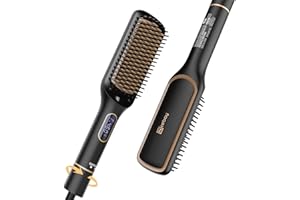 Nicebay Hair Straightener Brush with Rotatable Temperature Adjustment, 6 Temp Settings, Auto-Off, LED Display, Effective Hair Care for Women, Ceramic Heater Surface Material, Black & Gold