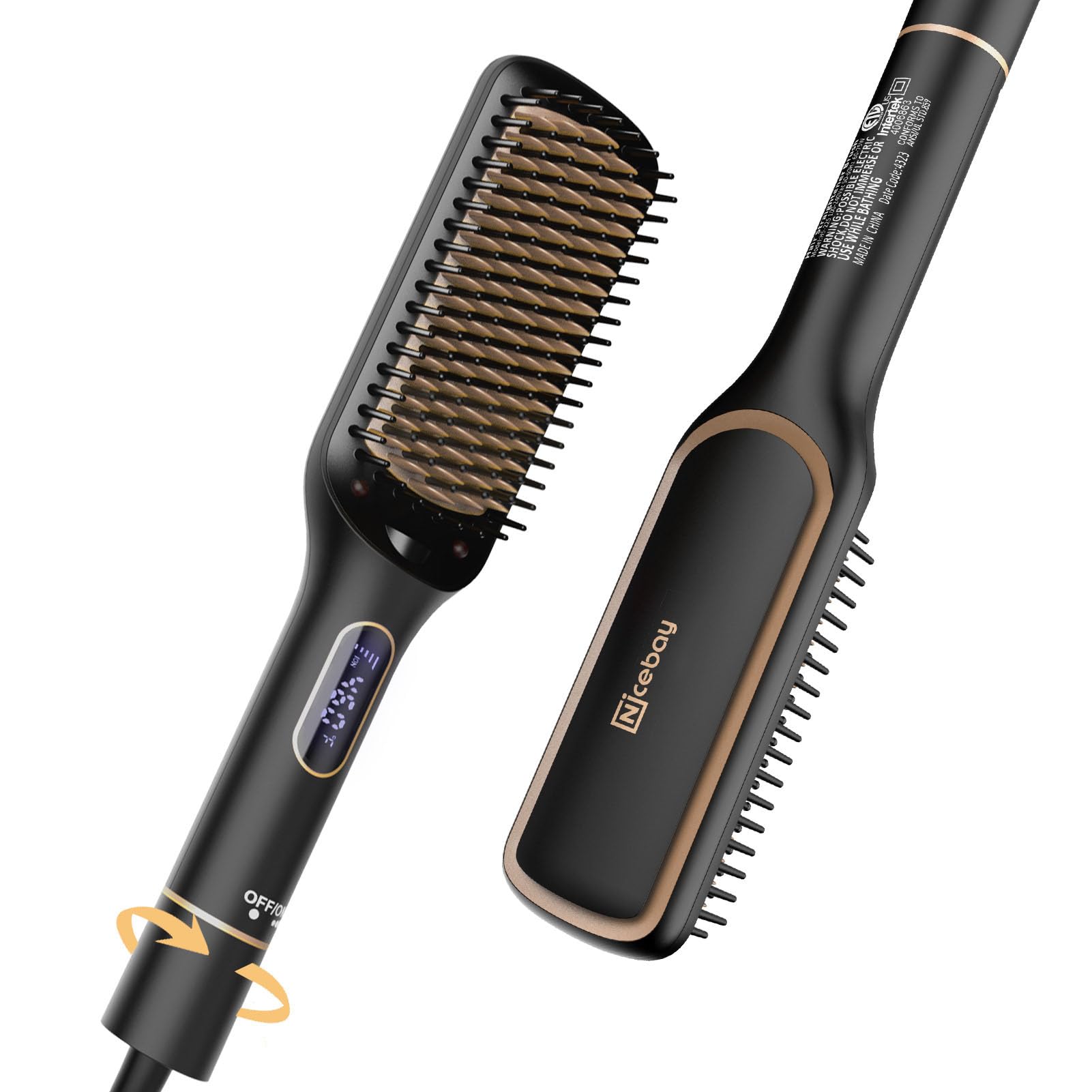 Photo 1 of Nicebay Hair Straightener Brush with Rotatable Temperature Adjustment, 6 Temp Settings, Auto-Off, LED Display, Effective Hair Care for Women, Ceramic Heater Surface Material, Black & Gold