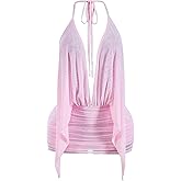 WDIRARA Women's Chains Draped Ruffle Tie Backless Halter Dress Rave Deep V Neck Ruched Mini Dresses