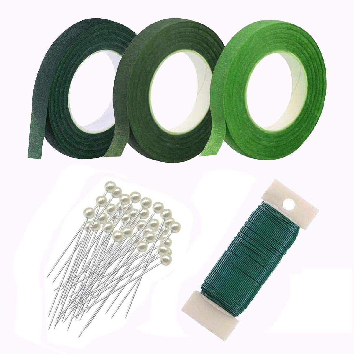 Woohome Floral Arrangement Tool Kit - 3 Rolls of 1/2 Inch Tapes, 1 Roll of 22 Gauge Paddle Wire and 100 PCS Ball Head Pins for Wedding Bouquet DIY