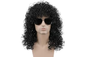 karlery 70s 80s Mens Long Curly Black Wig Afro Punk Rocker Halloween Party Costume Wig