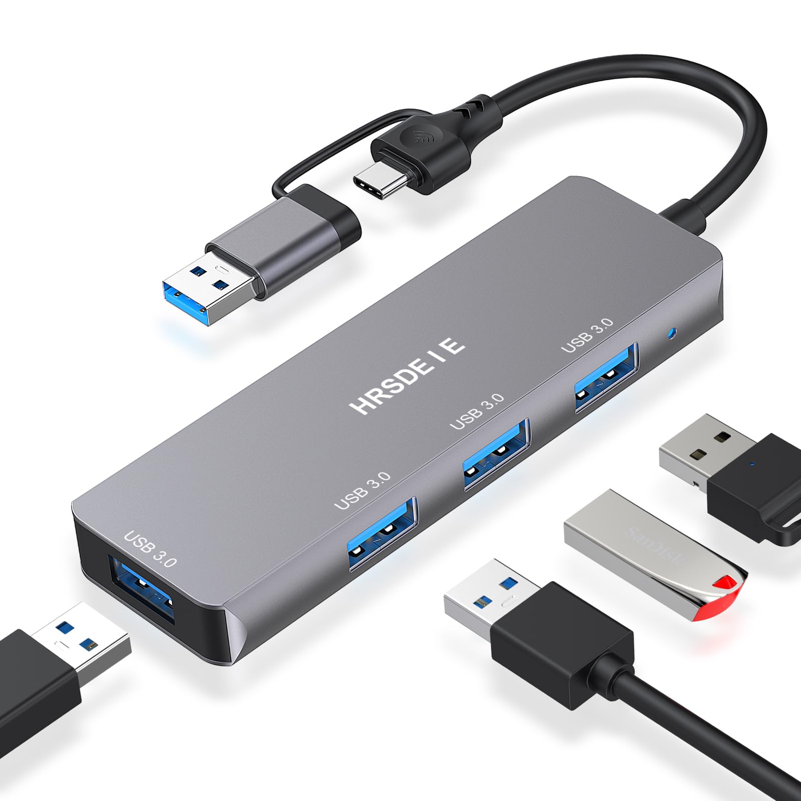 HRSDEIE USB C Hub, Aluminum Ultra-Slim USB 3.0 Hub Usb 4 Ports for Desktop, 5Gbps High-Speed USB Splitter, USB C Multiport Adapter Multi USB Extender for MacBook, iPad Pro, ChromeBook,XPS, iMac, PC
