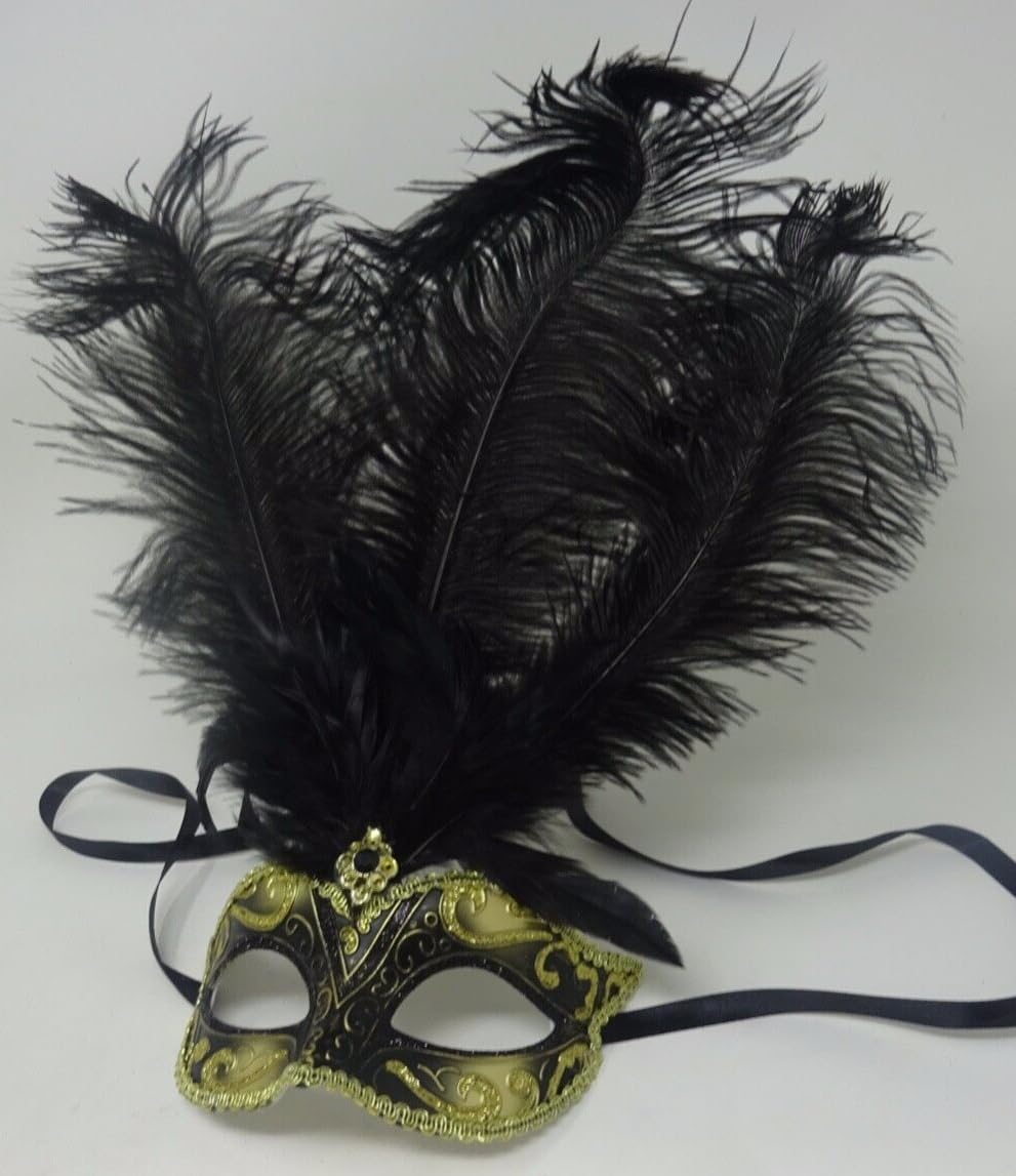 MASK & CO Ladies Quality Black & Gold Feather Venetian Masquerade Party Ball Eye Mask