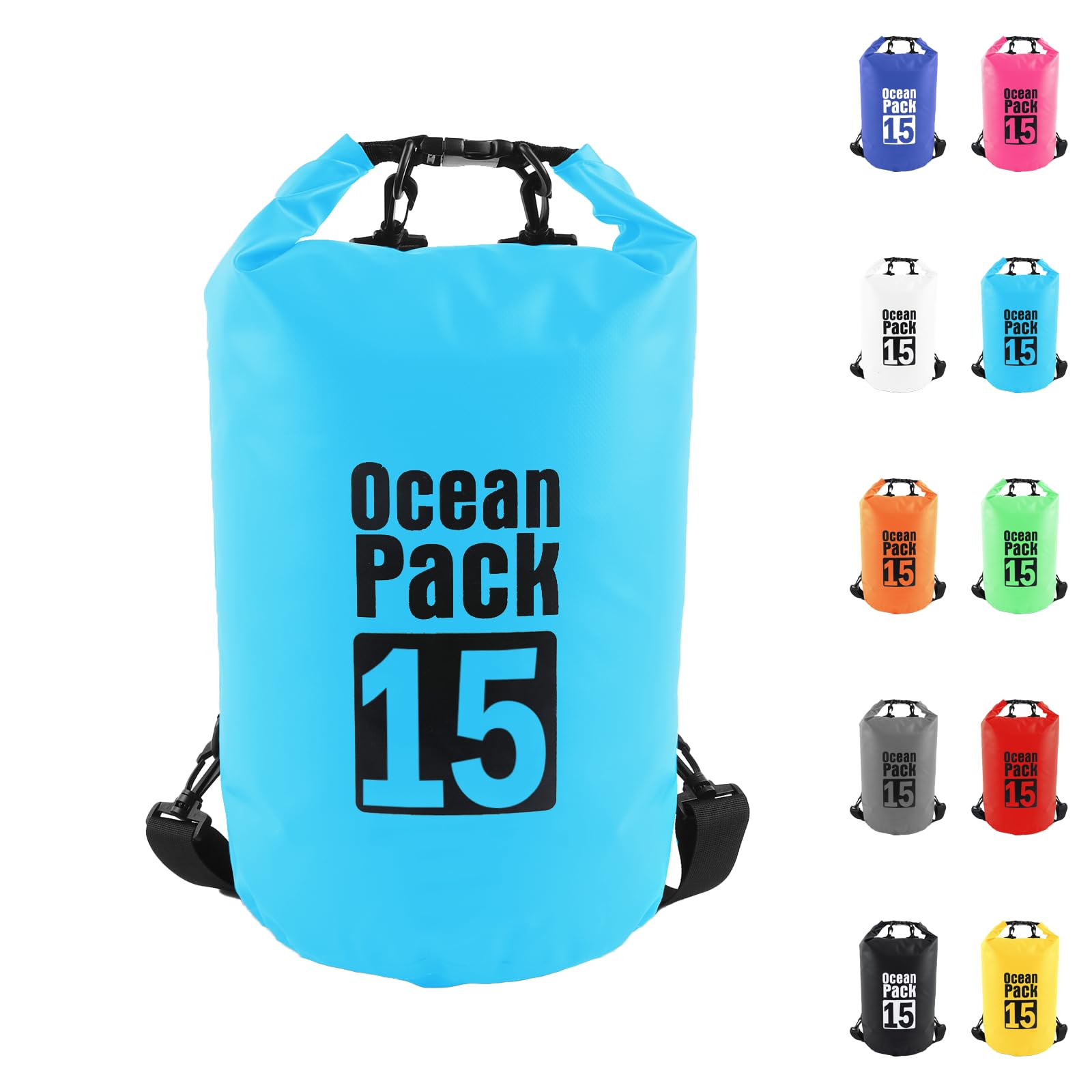Dry Bag 15L,Boat Dry Bags Sky Blue Waterproof Bag Dry Sack Roll Top Long Adjustable Shoulder Strap 2L/5L/10L/20L/30L/40L for Drifting Boating Kayaking Fishing Rafting Swimming Camping Canoeing Surfing