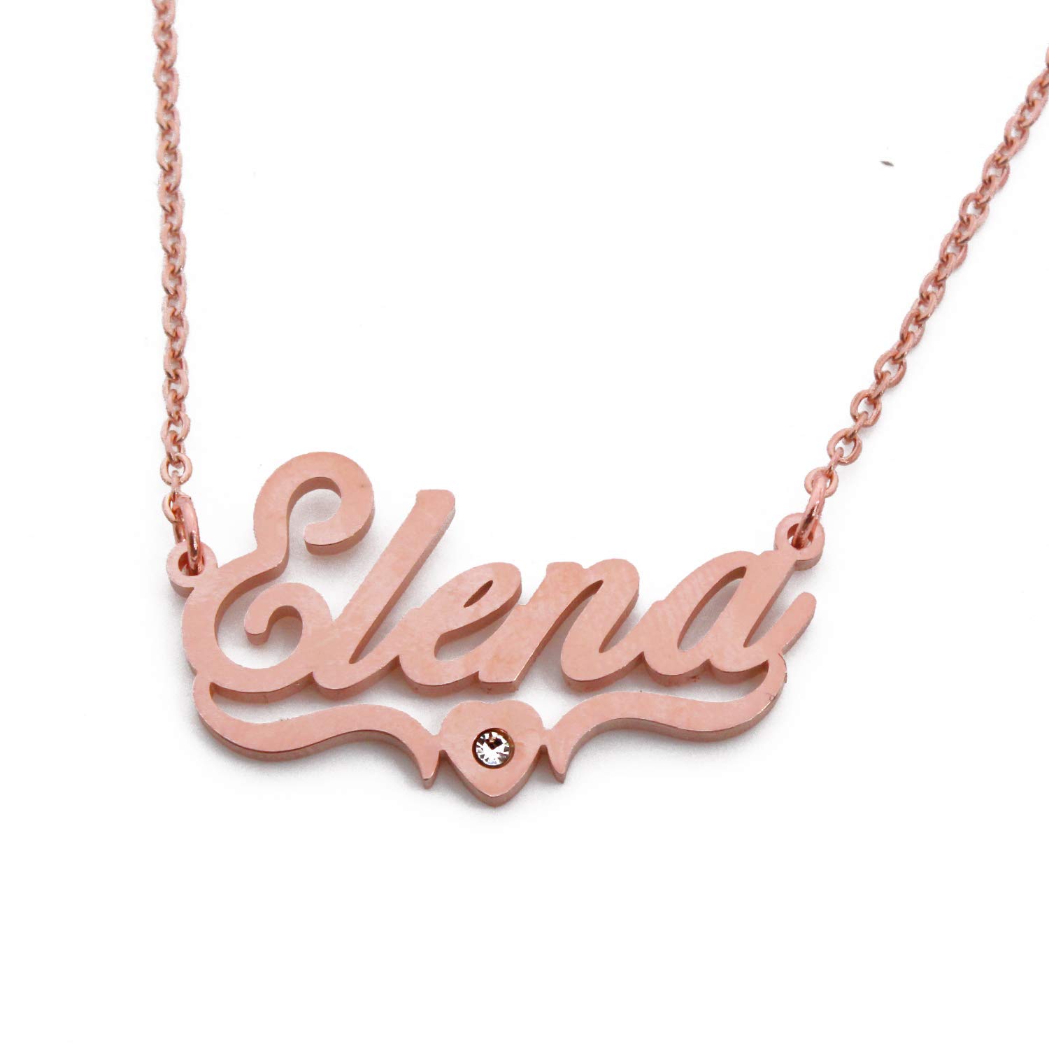Kigu Elena Personalised Heart Shaped Name Necklace Adjustable Chain - Silver Tone - Incl Box & Bag