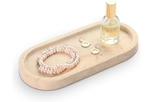 HAMAKAWA Bathroom Vanity Tray, Natural Marble Oval Sink Tray 10 inch / 25cm, Beige Travertine Vanity Tray for Soap Dispenser 