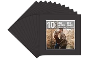 Golden State Art, Pack of 10 Acid Free 8x8 for 6x6 Black Picture Mats, Bevel Cut White Core Frame Mattes for Photos