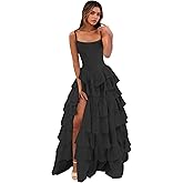 Fulbymu Tiered Chiffon Prom Dresses for Women 2026 Spaghetti Straps Long Corset Formal Evening Party Dress with Slit