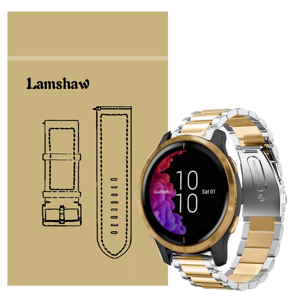 for Garmin Venu Band, LvBu Quick Release Stainless Steel Metal Replacement Straps for Garmin Venu Smartwatch (Silver-Golden)