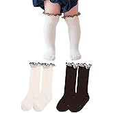 Woeoe Baby Toddler Girls Ruffle Socks Knee High Socks with Grips Knitted Long Stockings for Kids Boys Girls (2 Pairs)