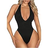 GORGLITTER Women's Halter Neck Tie Backless Deep V Bodysuit Open Back Plunging Body Suits Leotard Tops