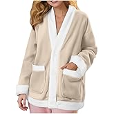 Fleece Jacket Women Cozy Warm Bed Jackets for Elderly Women Fuzzy V Neck Button Up Sleepwear Long Sleeve Winter Coat