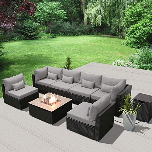 DINELI Patio Furniture Sectional Sofa with Gas Fire Pit Table Outdoor Patio Furniture Sets