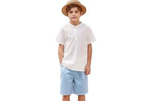 Arshiner Boy's 2 Pieces Cotton Linen Set Casual Henley Shirts Short Sleeve Beach Shorts Summer Outfits for 5-12 Years