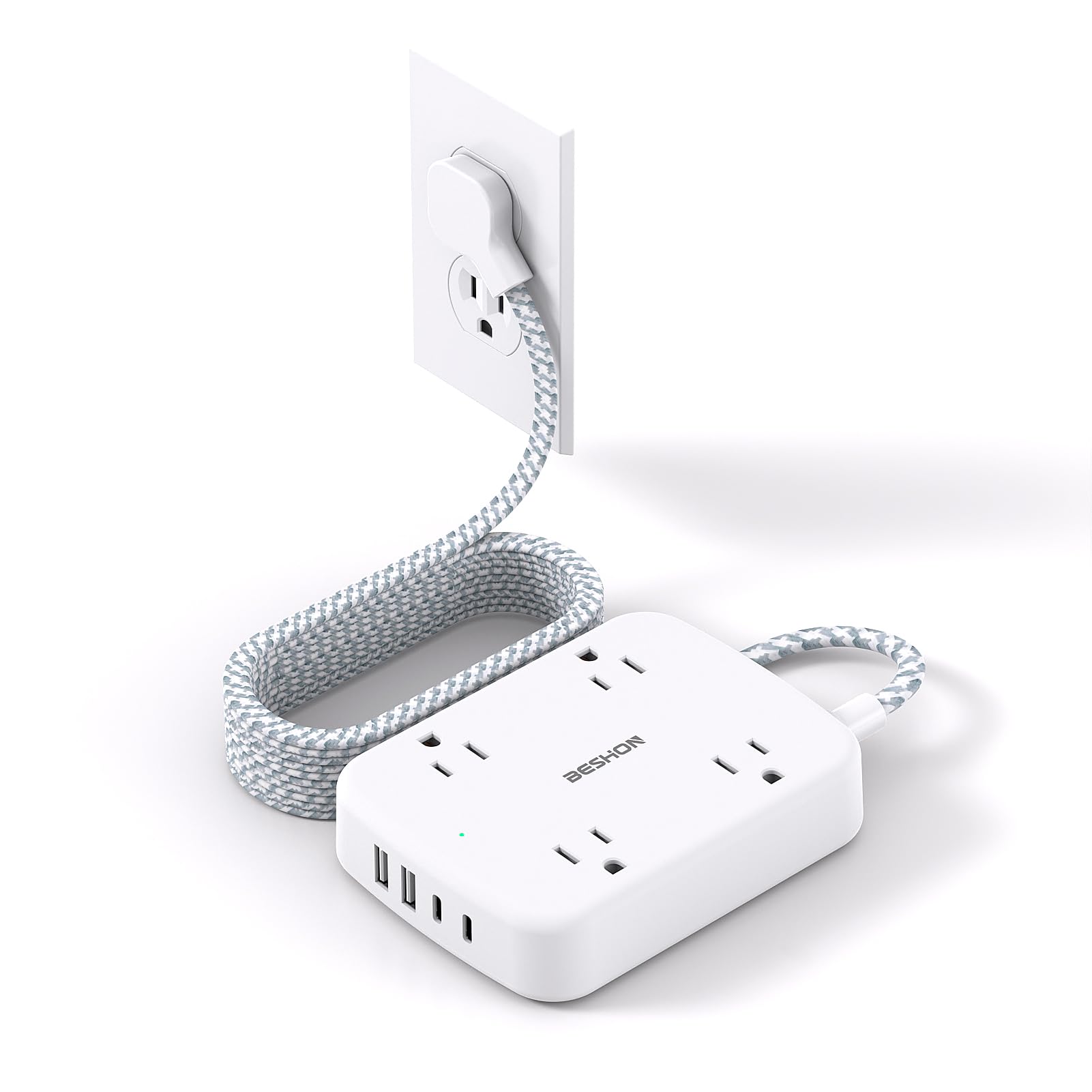 Extension Cord 15 ft, BESHON Long Power Strip with 2 USB C, Flat Plug Power Strip, 4 Outlets and 4 USB Charging Ports, Outlet Extender, 900 Joules, for Home Office Dorm Room Essentials