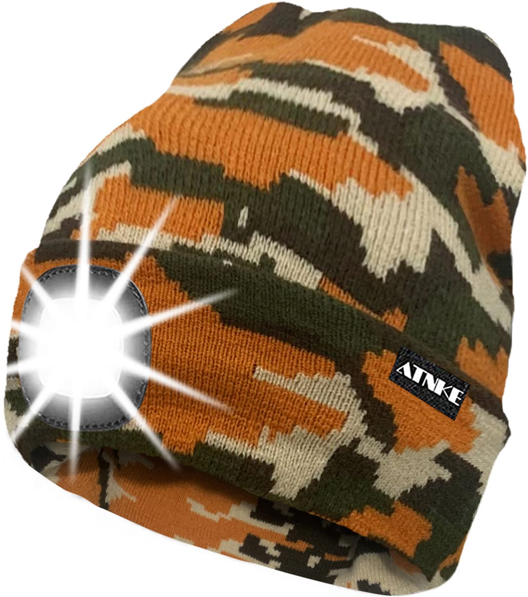 ATNKE LED Lighted Beanie Cap,USB Rechargeable Running Hat Ultra Bright 4 LED Waterproof Light Winter Warm Gifts for Men and Women/Camouflage Yellow — image 1