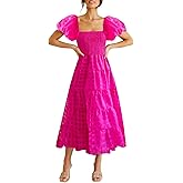 Women's Boho Floral Midi Dress Ruffle Hem Puffy Short Sleeve Summer Maxi Dress