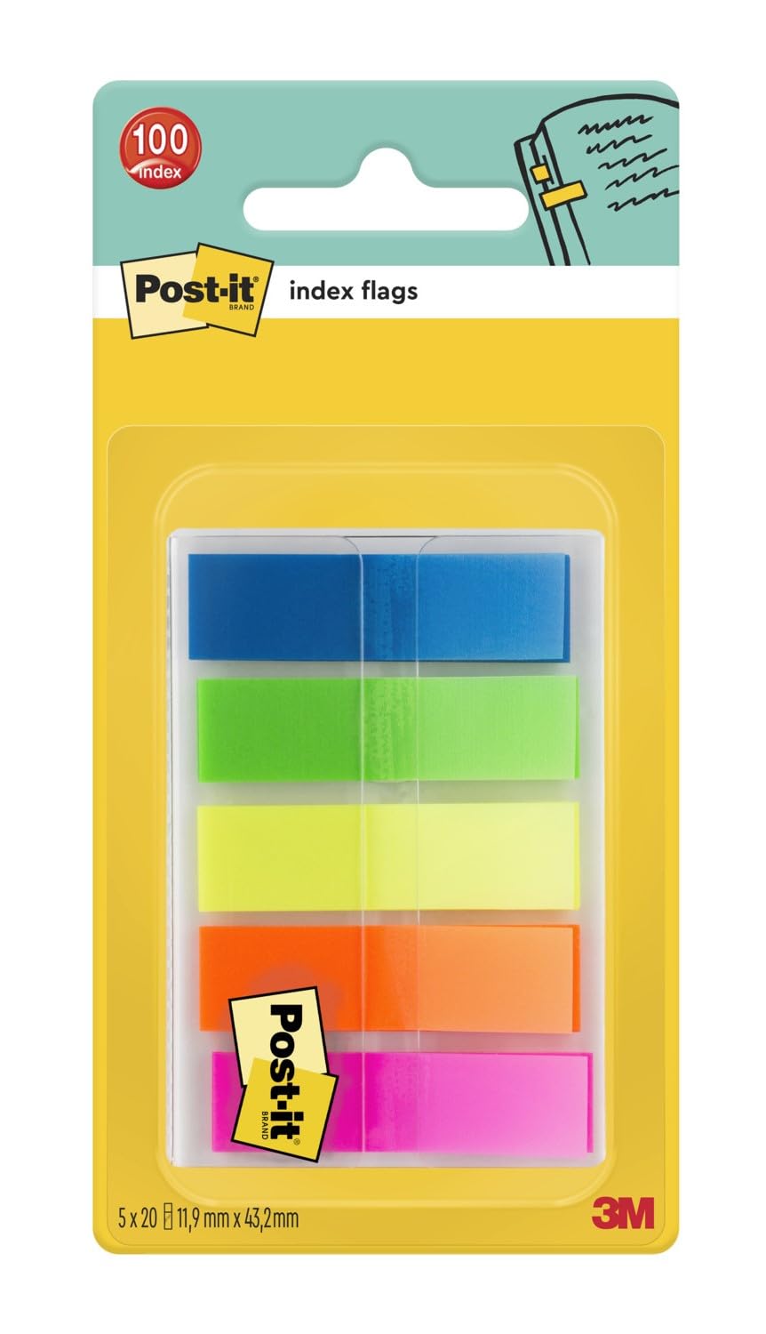 Post-it Index Transparent Small in Sleeve Dispenser, Assorted Bright Colours, 5 Packs of 20 Sticking Strips - to Mark, Highlight or Color Code Important Information