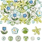 DELORIGIN 78pcs Ceramic Flower Beads 10 Styles Green Round Handmade Porcelain Beads Flower Heart Round Ceramic Bead Shell Starfish Spacer Bead for DIY Crafts Bracelets Necklace Jewelry Making