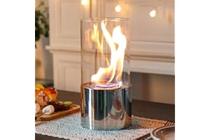 JHY DESIGN Portable Tabletop Fireplace with Cylindrical Glass 10" H Tabletop Fire Bowl Pot Clean Burning Bio Ethanol Ventless Fireplace for Indoor Outdoor Patio Parties Events(Stainless Steel)