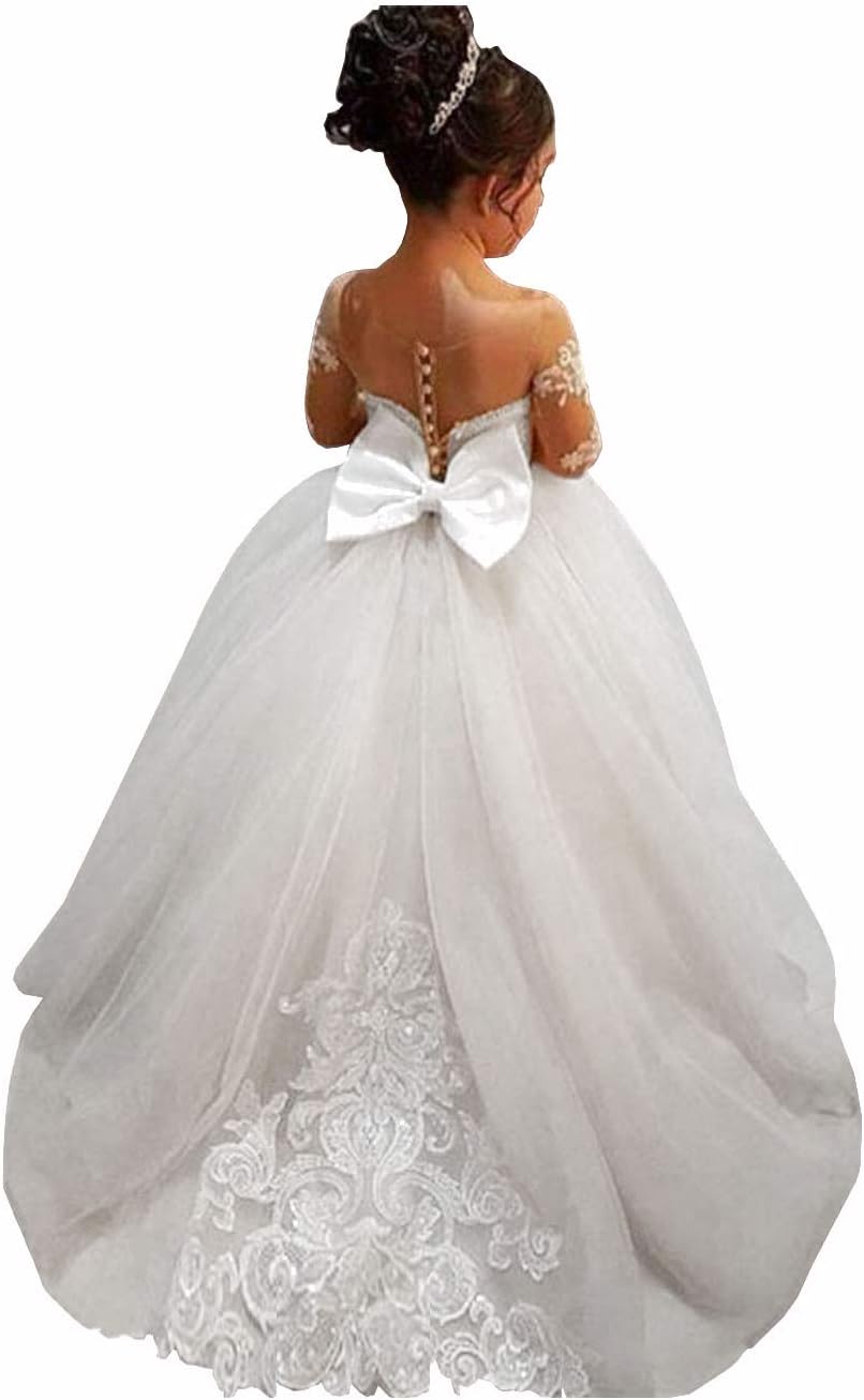 GZY White Ivory Lace Long Sleeve Flower Girl Dresses Princess Gown Pageant Dress GZY202