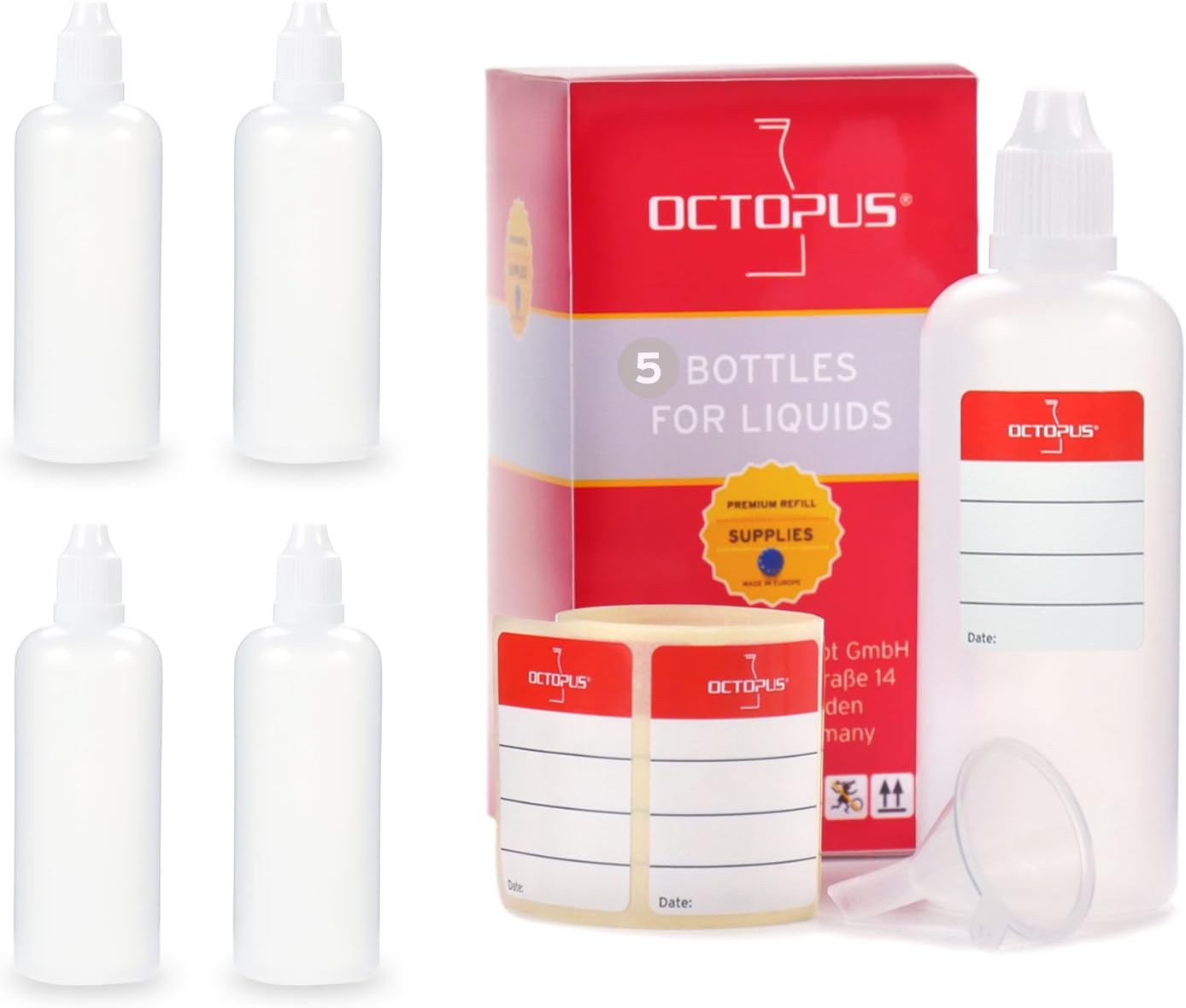 5x 100 ml liquid bottle with funnel + blank labels, e.g. for e-liquids / e-cigarettes plastic bottles made from PE LDPE