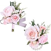 MAFELOE Artificial Rose Corsage Boutonniere Set for Groom Bride Groomsmen Bridesmaids, Simulated Flowers Accessories Wedding Party Prom Suit Decorations- 2 Pieces of Pink Combination
