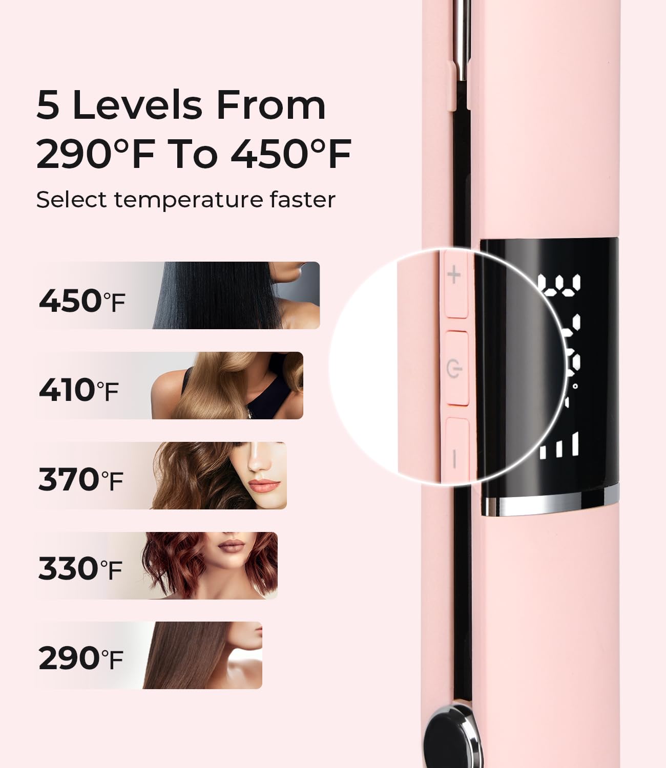 PRITECH Flat Iron Hair Straightener, Titanium Flat Iron with Adjustable Temp(290°F-450°F), 1 inch Plate for All Hairstyles Anti-Frizz Dual Voltage Straightening and Curler 2 in 1 (Pink)