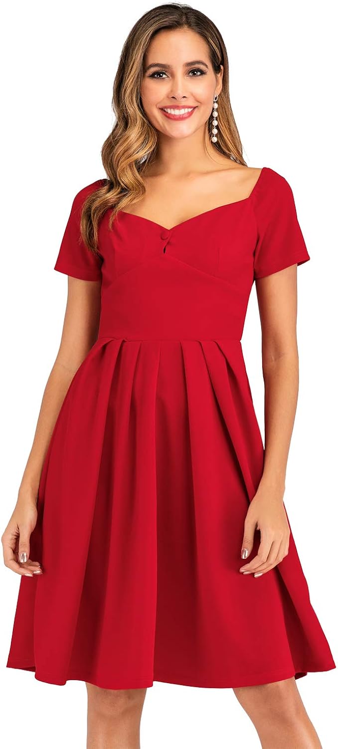 KILLREAL Women's Elegant Solid Short Sleeve Pleated Backless A-Line Cocktail Wedding Party Midi 