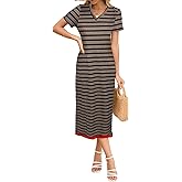 Naggoo Womens V Neck Striped Midi Dress Short Sleeve Split Summer Casual Beach T Shirt Dresses with Pockets