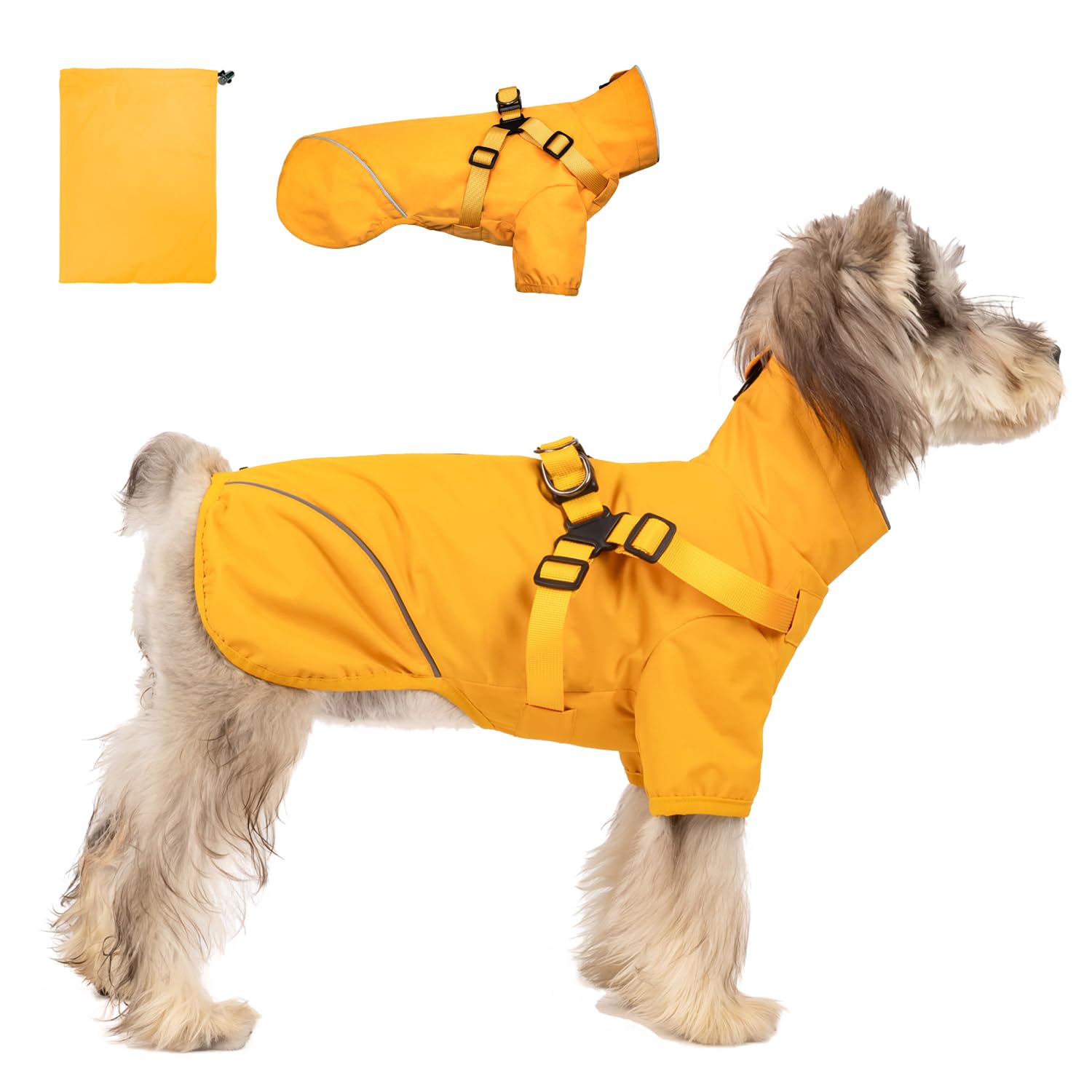 Photo 1 of Raincoat for Small Medium Dogs, Waterproof Rain Jacket With Harness Built-in for Wet Weather, Easily Wearable Reflective Slicker, Yellow, XL