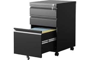 IKIMI 3 Drawer Mobile File Cabinet Under Desk Metal Filing Cabinet on Wheels Black Vertical File Cabinet with Lock Office Rolling Storage Cabinets for Legal/Letter/A4 File Fully Assembled