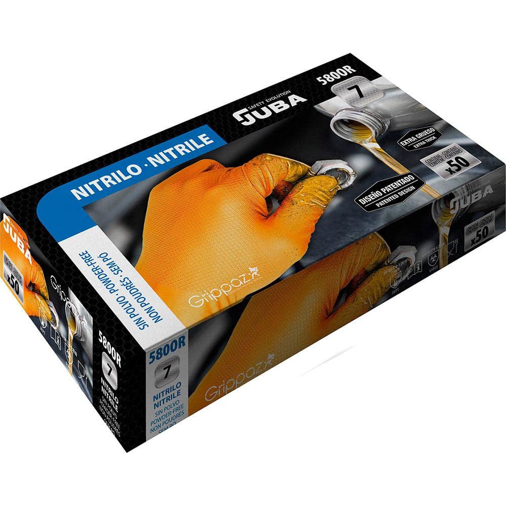 Juba 'Grippaz' Disposable Nitrile Powder-Free Coating, Orange, Size 8