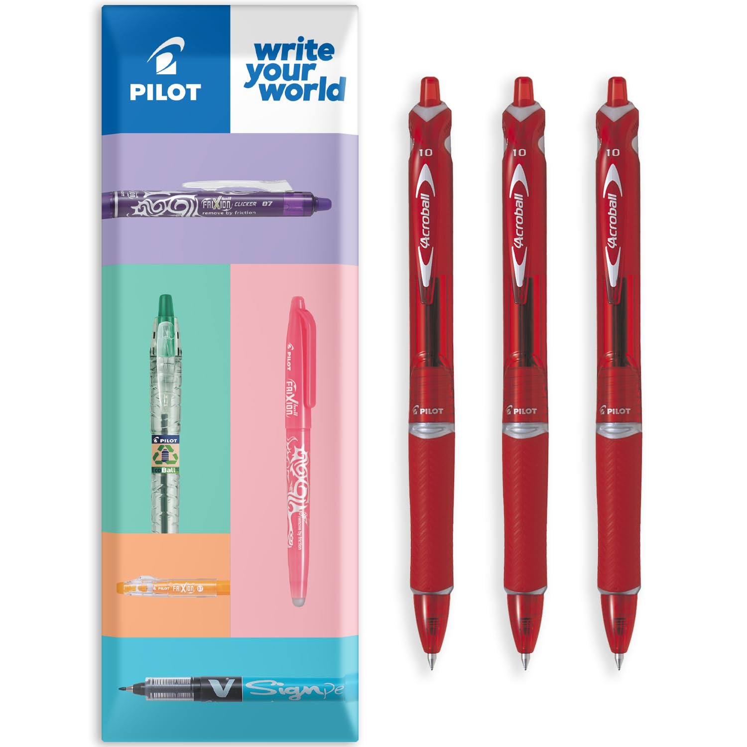 PILOT Acroball Retractable Ballpoint Pen - Begreen Range 79% Recycled - Pack of 3 Pens - Medium 1.0mm Nib - In Envelope Gift Packaging - Ideal for Writing, School, Home, Office. (Red)
