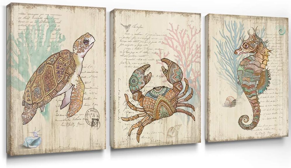 Paintings - Adecuado Bathroom Decor Wall Art Cute Coastal Decor Ocean Beach Theme Canvas Prints Rustic Sea Turtle Seahorse Crab Coral Decorations for Nursery Bedroom Kitchen Living Room 12x16 Inch, 3 Panels