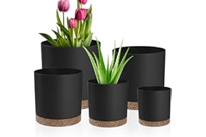 QRRICA Plant Pots – 7/6.5/6/5/4 Inch Plastic Planters with Drainage Holes and Saucers, Flower Pots for Indoor and Outdoor Plants (Black)