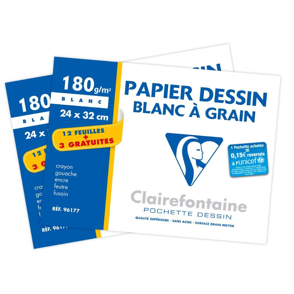 Clairefontaine 196177AMZC - One Set of 2 - School Drawing Pouch - 15 Sheets (12+3 free) White Grain Drawing Paper - 24 cm x 32 cm 180g - Ideal for Art