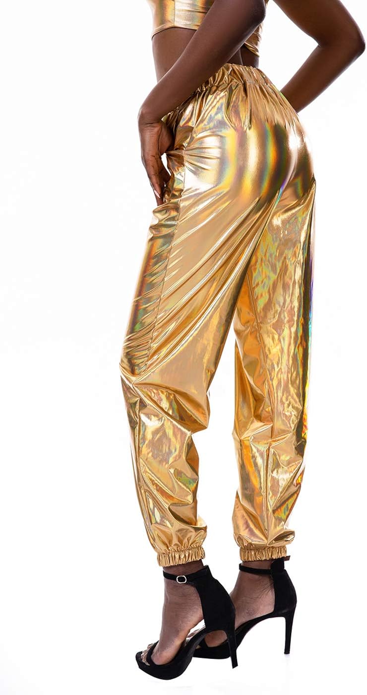 SIAEAMRG Womens Shiny Metallic High Waist Stretchy Jogger Pants, Wet Look Hip Hop Club Wear Holographic Trousers Sweatpant at  Women’s Clothing store