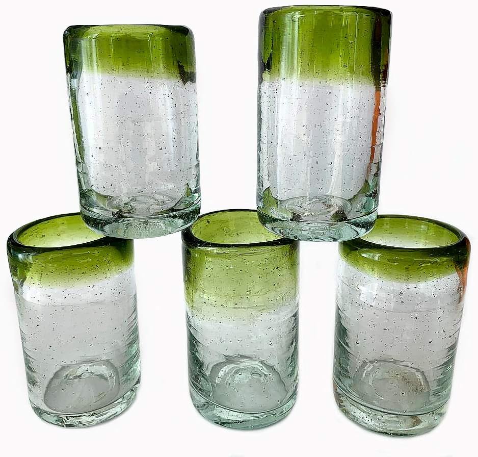 Authentic Mexican Hand Blown Tequila and Mezcal shot Glasses with Green Rim Recycled, 2.9 oz (set of 5) Vasos para tequila y mezcal