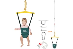 FUNLIO Baby Jumper with a Ceiling Hook for 6-24 Months, Baby Door Jumper for Indoor/Outdoor Play, Infant Jumper Doorway with Adjustable Chain, Easy to Assemble & Store (with a Ceiling Hook) - Green
