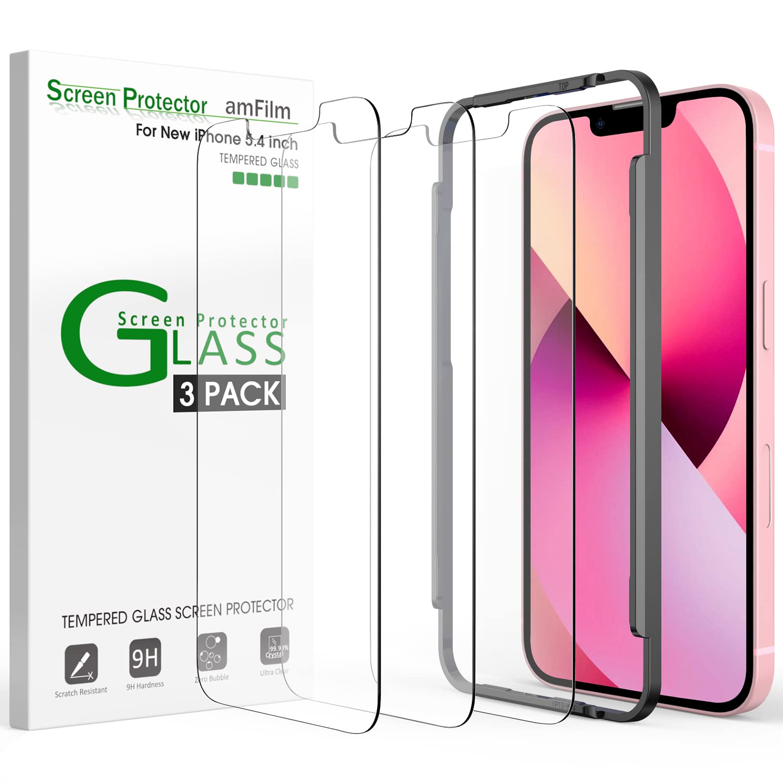 Photo 1 of amFilm Glass Screen Protector Compatible with iPhone 13 Mini 5.4" Display, 2021, With Easy Installation Tray - Case Friendly, Tempered Glass, 3 Pack