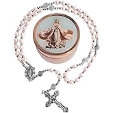 8mm Glass Pearl Rosary - Catholic Necklace for Men and Women Comes in a Metal Gift Box, First Communion Rosary Necklace as Gifts