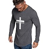 iudam Men's Long Sleeve Crewneck Graphic Tee Believe Cross Print Christian Shirts Workout Shirts