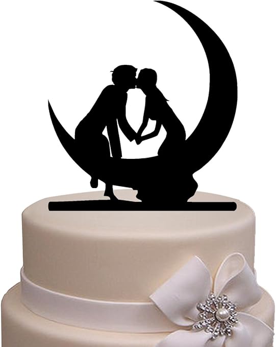 Romantic Bride And Groom Kiss Sit On Moon Silhouette Cake Topper