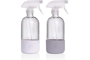 SAVVY PLANET Empty Clear Glass Spray Bottles with Silicone Sleeve Protection - Refillable 16 oz Containers for Cleaning Solutions, Essential Oils - Quality Sprayer - 2 Pack (White & Gray)