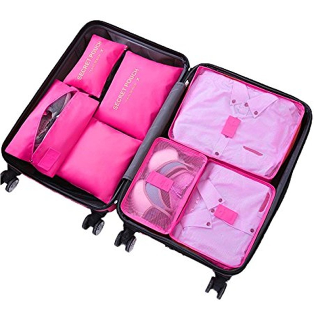 7PCS Luggage Organiser Set Compression Pouch Packing Cubes Travel Storage Bags Clothes Suitcase,Rose Red